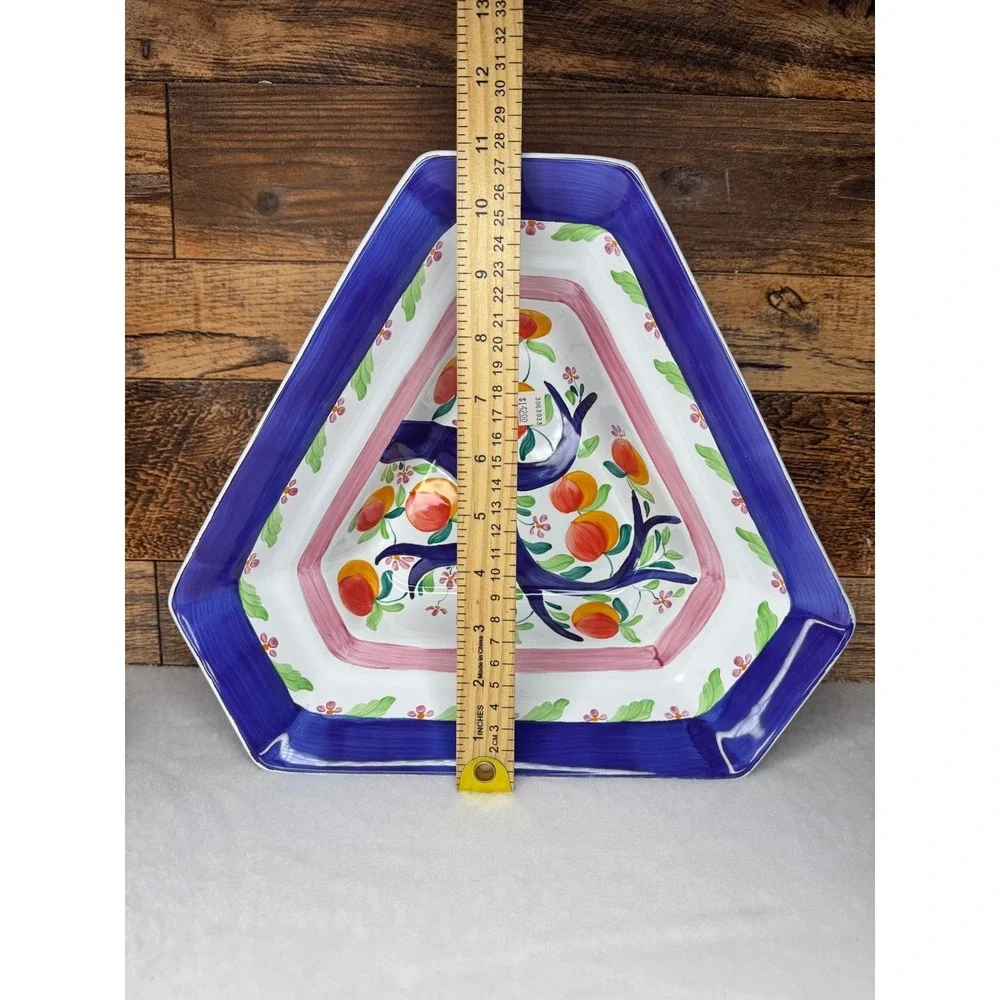 Herend Village Pottery Peach Tree Platter & Triangle Bowl Set Blue Pink‎